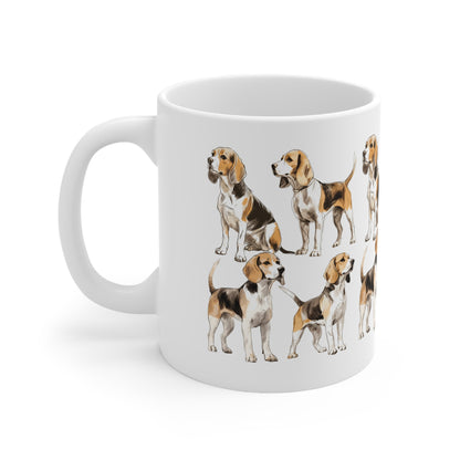 Multiple Colourful Beagles art printed on a mug