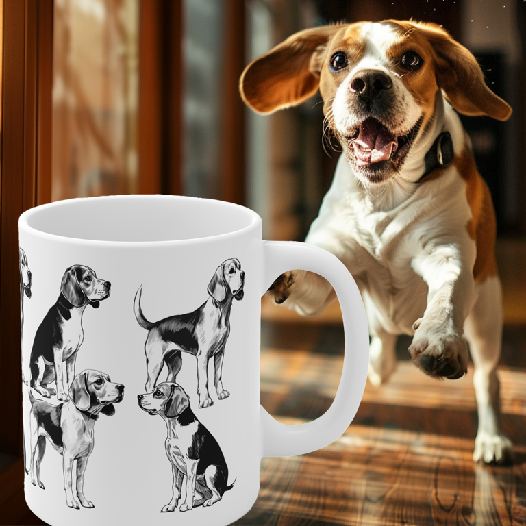 Multiple Beagles art printed on a mug