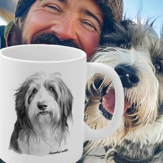 Bearded Collie realistic drawing on white mug