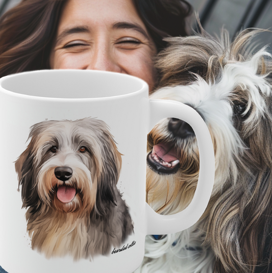 Bearded Collie realistic drawing on white mug