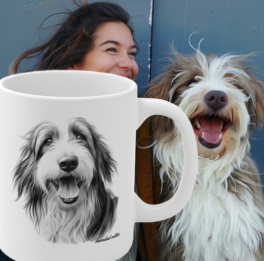 Bearded Collie black and white design on white mug