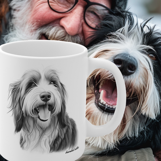 Bearded Collie black and white design on white mug